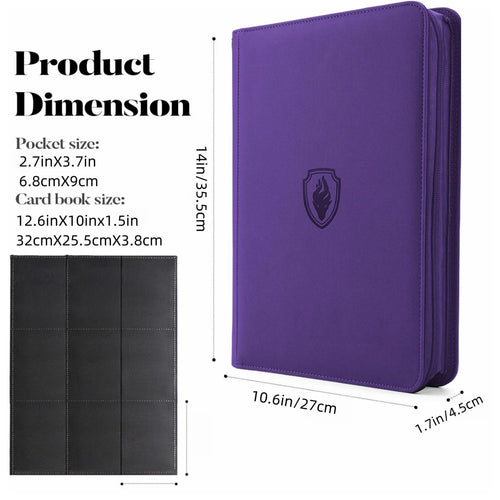 9 Pocket Zipper Card Binder, 360 Trading Card Holder Book, Premium PU Cover Zip Binder for Cards, Durable Side Loading Card